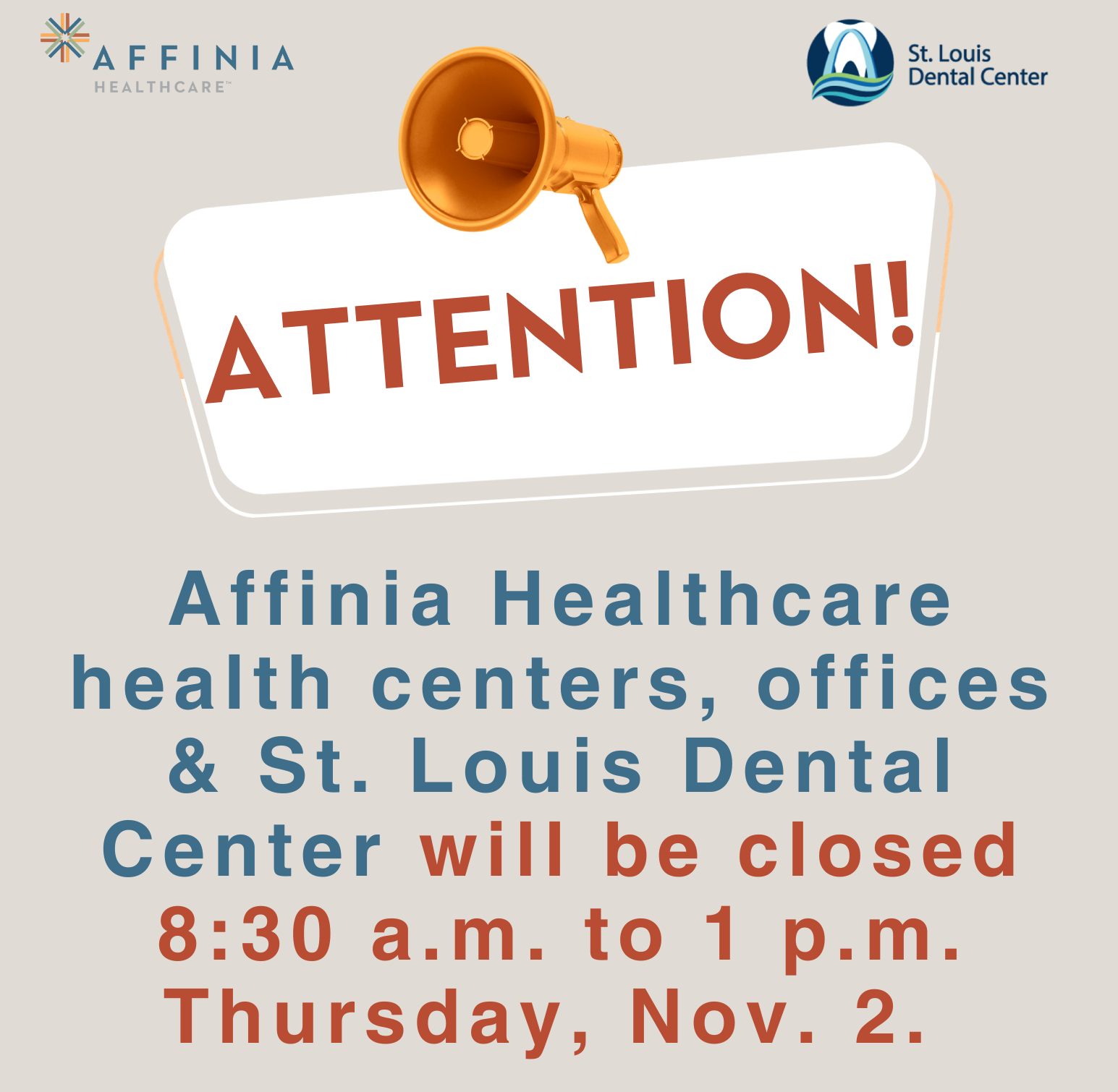 affinia will be closed morning of Nov 2 for ribbon cutting